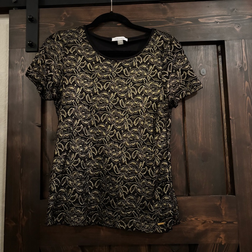 Calvin Klein Black and Gold Floral Short Sleeve Top Large
